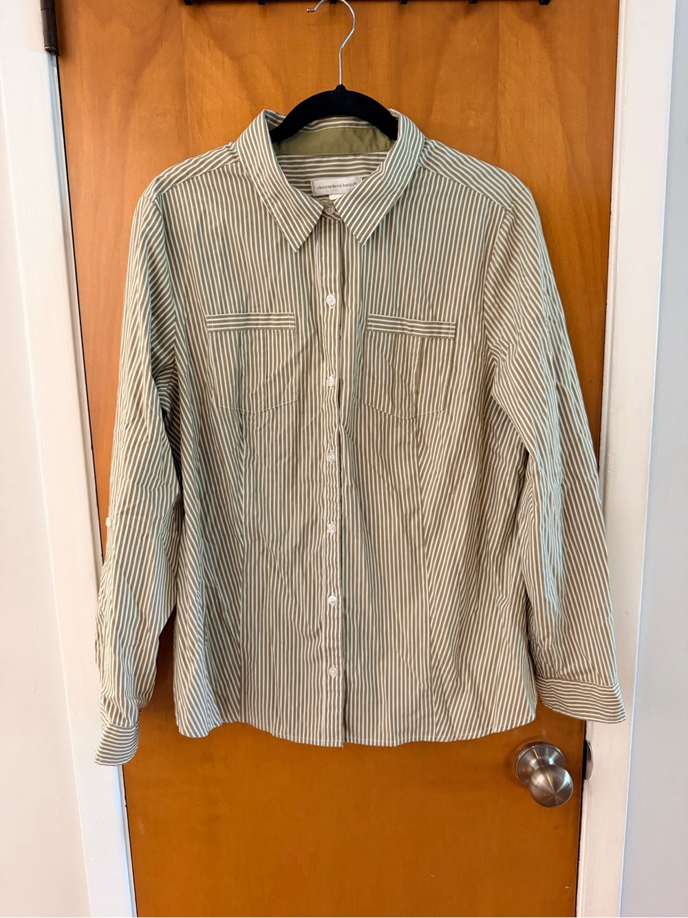 Christopher & Banks Olive and White Striped Button-Down Shirt